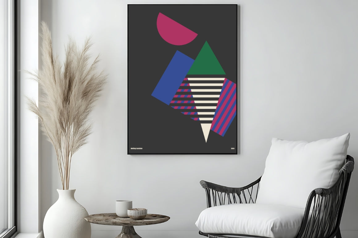 Abstract wall art with geometric composition and cool color palette on black background