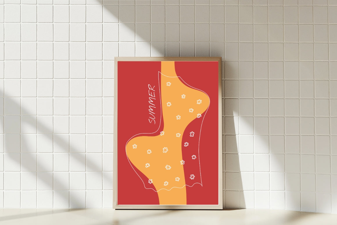 Vibrant red yellow and white colors in quirky abstract woman digital poster, summer wall art 