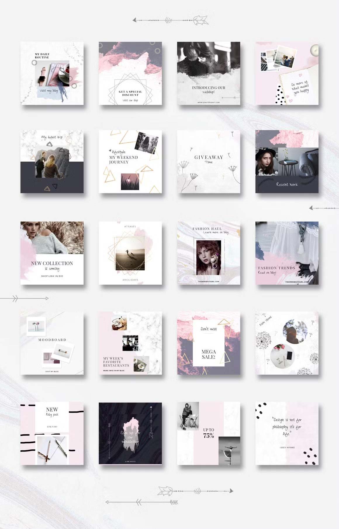 Enjoy 20 Adobe Photoshop animated bohemian style Instagram post templates