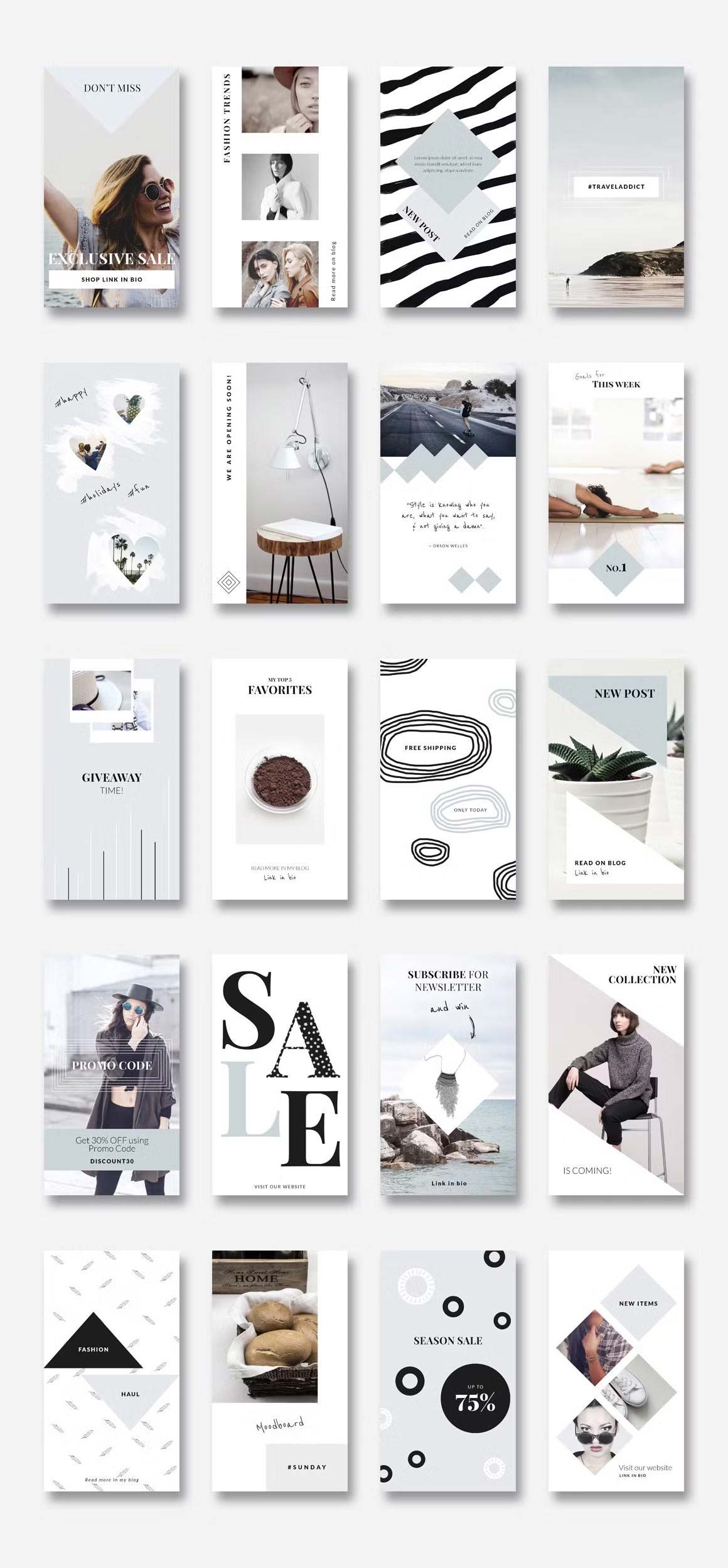 Enjoy 20 Adobe Photoshop animated pastel blue Instagram story templates