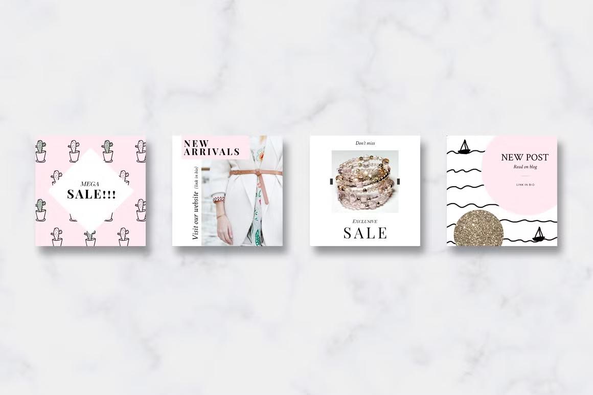 Animated Instagram post templates - Pink & Gold - ideal for fashion, lifestyle and travelling bloggers, boutiques' owners, photographers