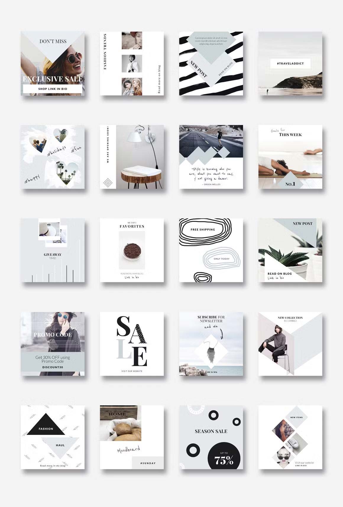 Enjoy 20 Adobe Photoshop animated pastel blue Instagram post templates