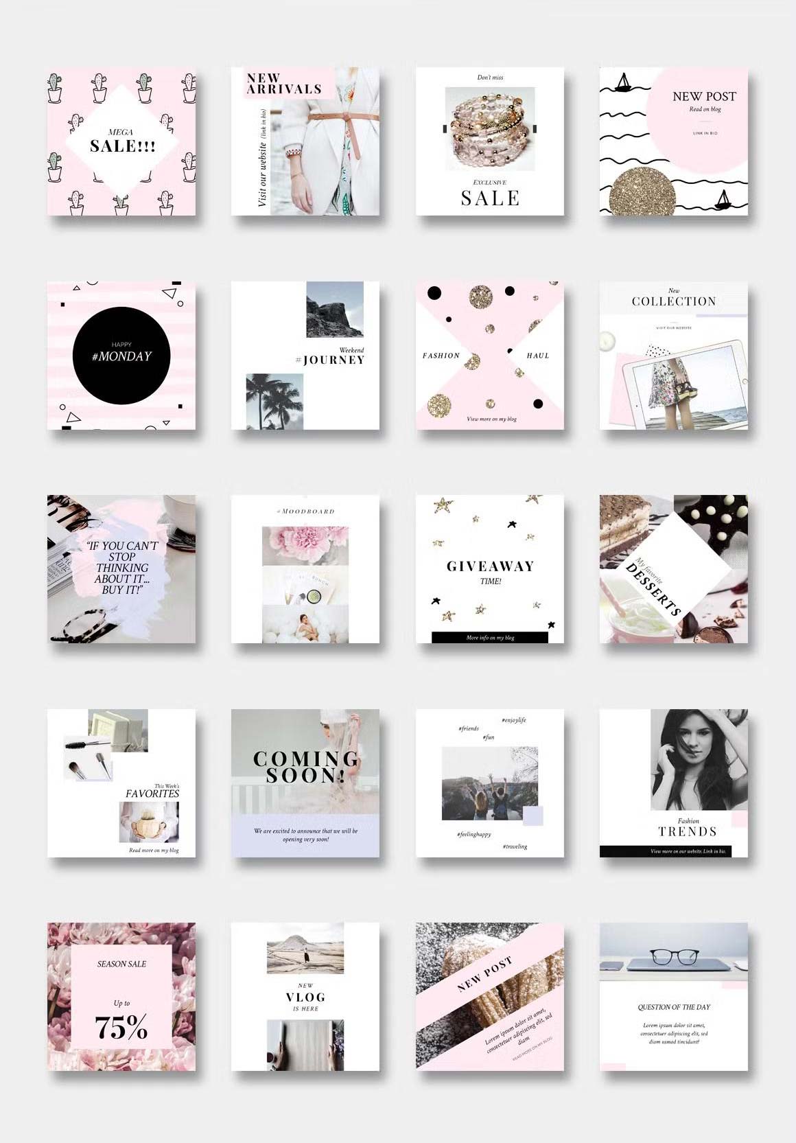 Enjoy 20 Adobe Photoshop animated pink & gold Instagram post templates