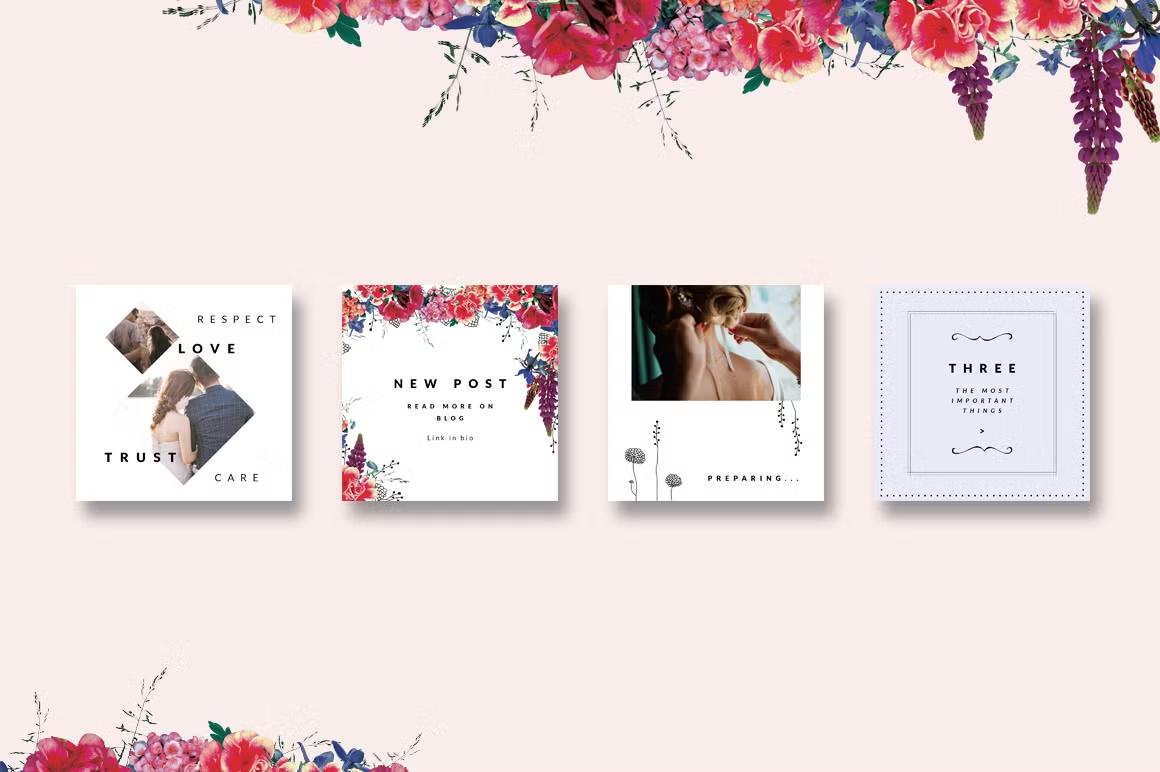 Animated Instagram posts templates featuring wedding bride floral designs