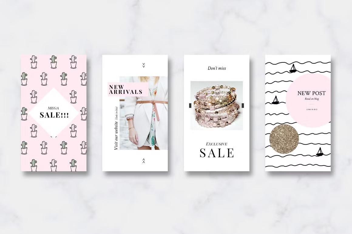 Animated Instagram story templates - Pink & Gold - ideal for fashion, lifestyle and travelling bloggers, boutiques' owners, photographers