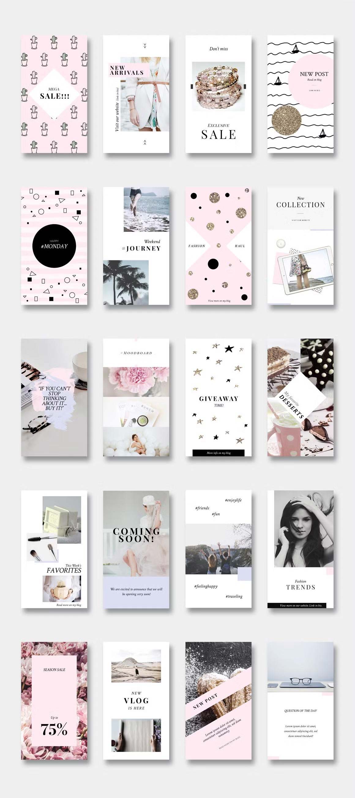 Enjoy 20 Adobe Photoshop animated pink & gold Instagram story templates
