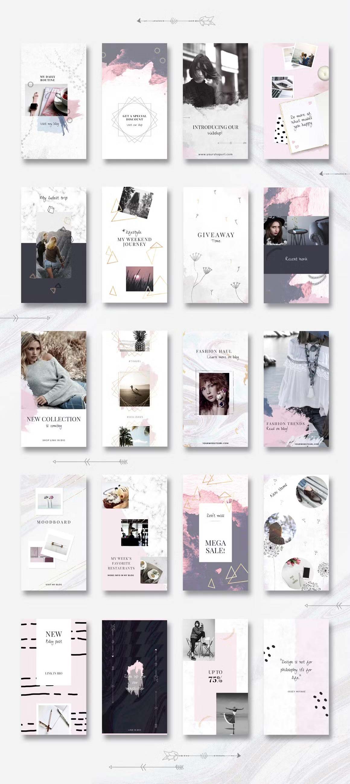 Enjoy 20 Adobe Photoshop animated bohemian style Instagram story templates