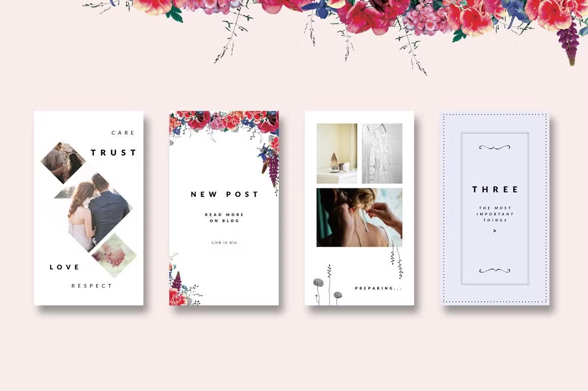 Animated Instagram story templates featuring wedding bride floral designs
