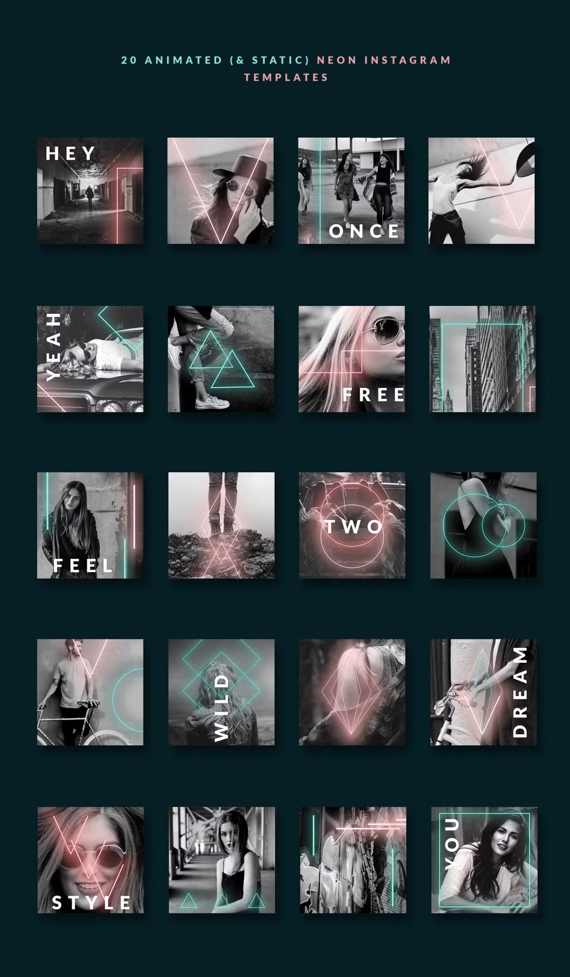 20 Animated and static neon Instagram post templates