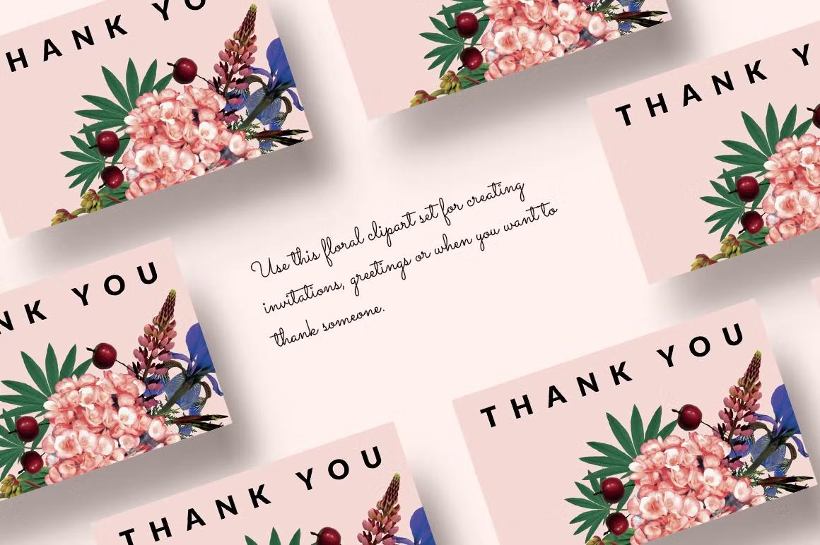 Use Gardener's Dream floral clipart set for creating invitations, greetings or when you want to thank someone