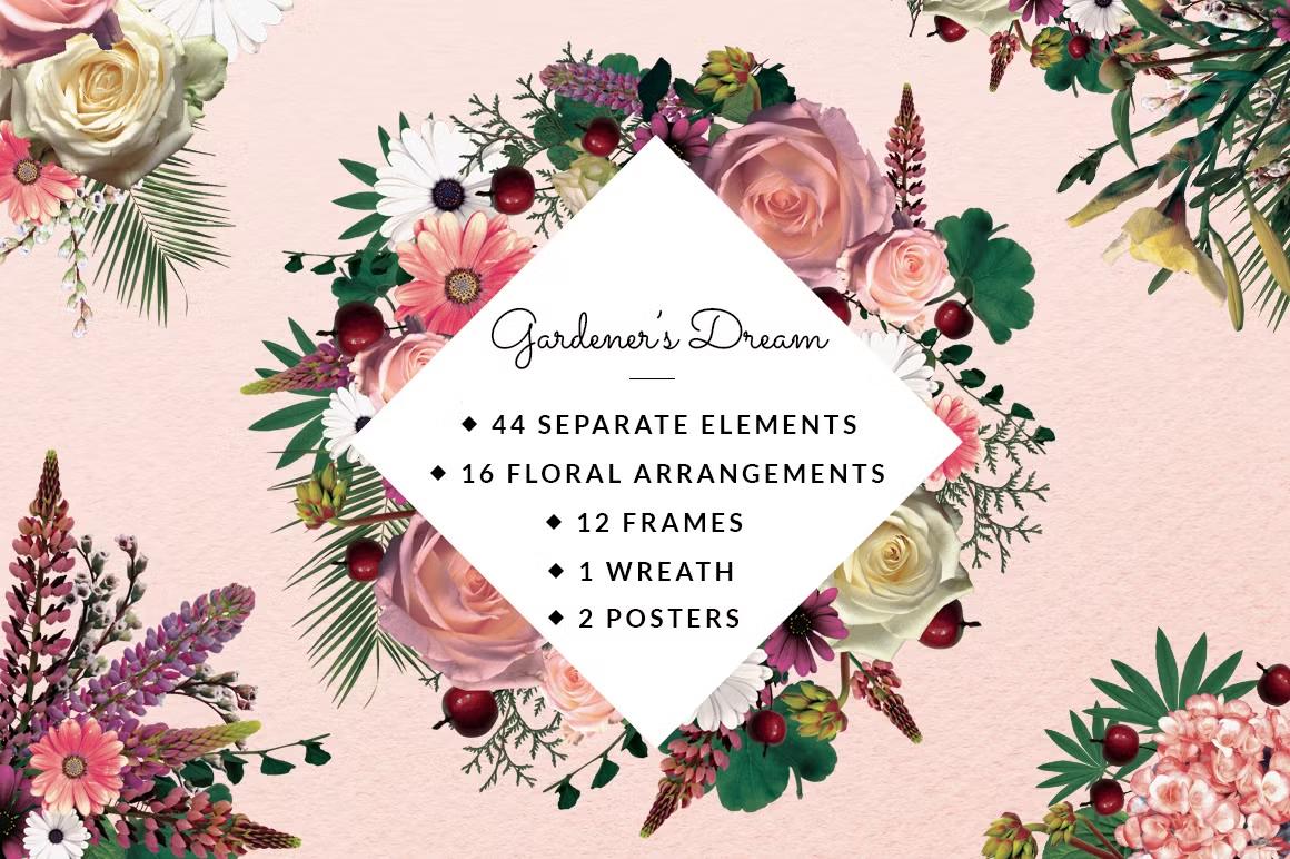 Gardener's Dream - 44 separate elements, 16 floral arrangements, 12 frames, 1 wreath, 2 posters