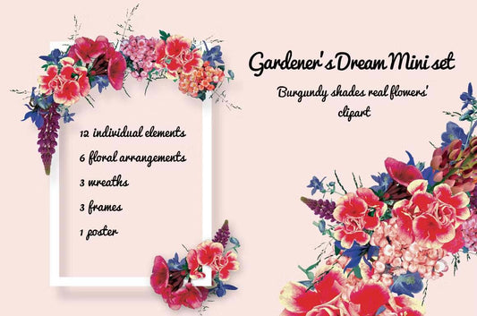 Gardener's Dream mini set - burgundy shades, real flowers' clipart