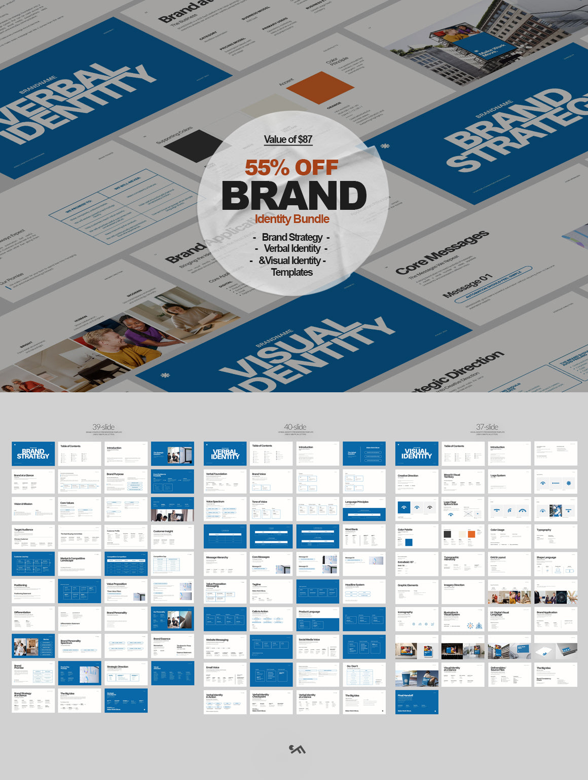 Preview of a complete branding template pack featuring strategic brand development, brand voice and messaging, logo systems, typography, color palettes, and visual identity guidelines