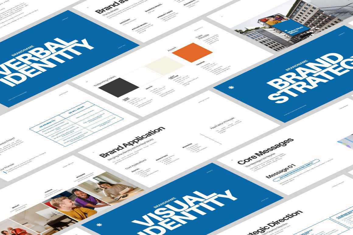 Branding presentation bundle showcasing three connected templates for brand strategy, verbal identity, and visual identity, covering positioning, messaging, visual design, and brand guidelines
