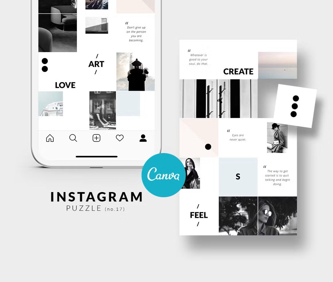 Canva Instagram puzzle minimal style template ideal for fashion, lifestyle, and travel bloggers, boutiques' owners, and photographers