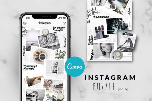 Fashion-style Canva Instagram puzzle template with instant photos, frames, and grid layout