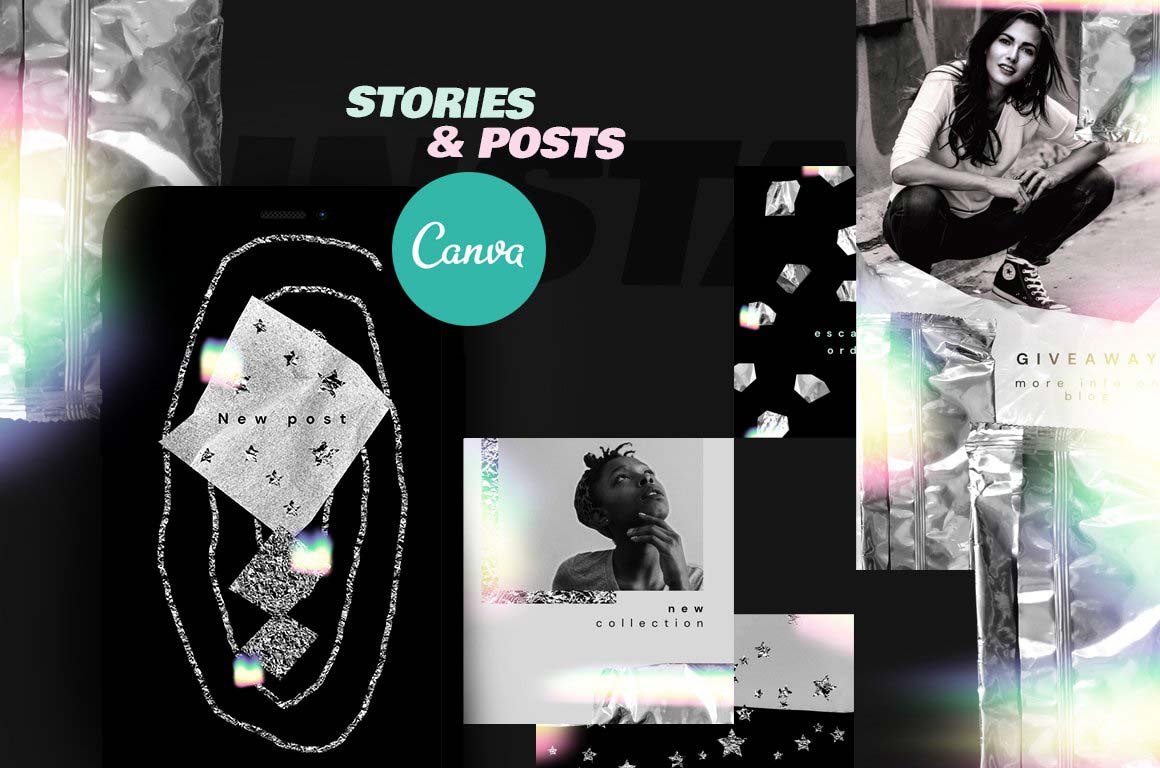 Trendy Instagram templates featuring rainbow neon shimmering elements for fashion, lifestyle, and travel bloggers