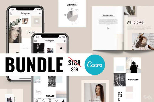 Bundle featuring Instagram Puzzle templates, Instagram post and story templates, marketing templates for coaches, and eBook templates