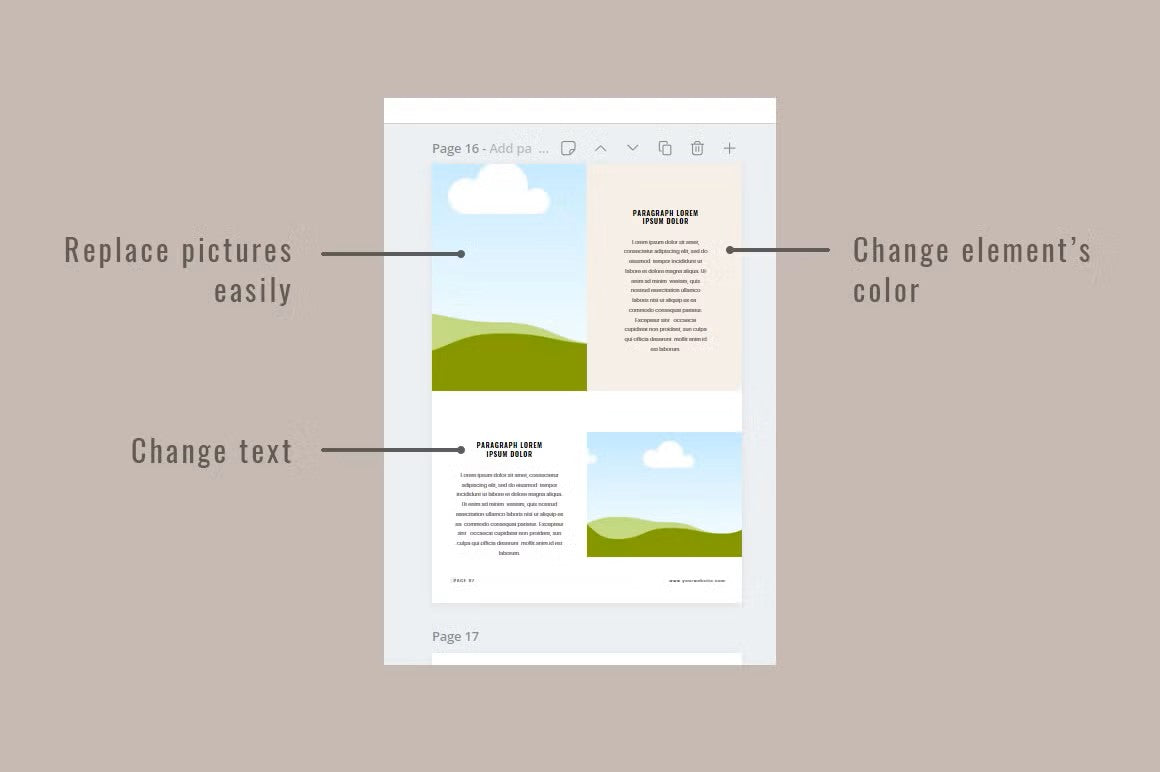 Easily customizable templates with options to replace text, photos, colors, and fonts