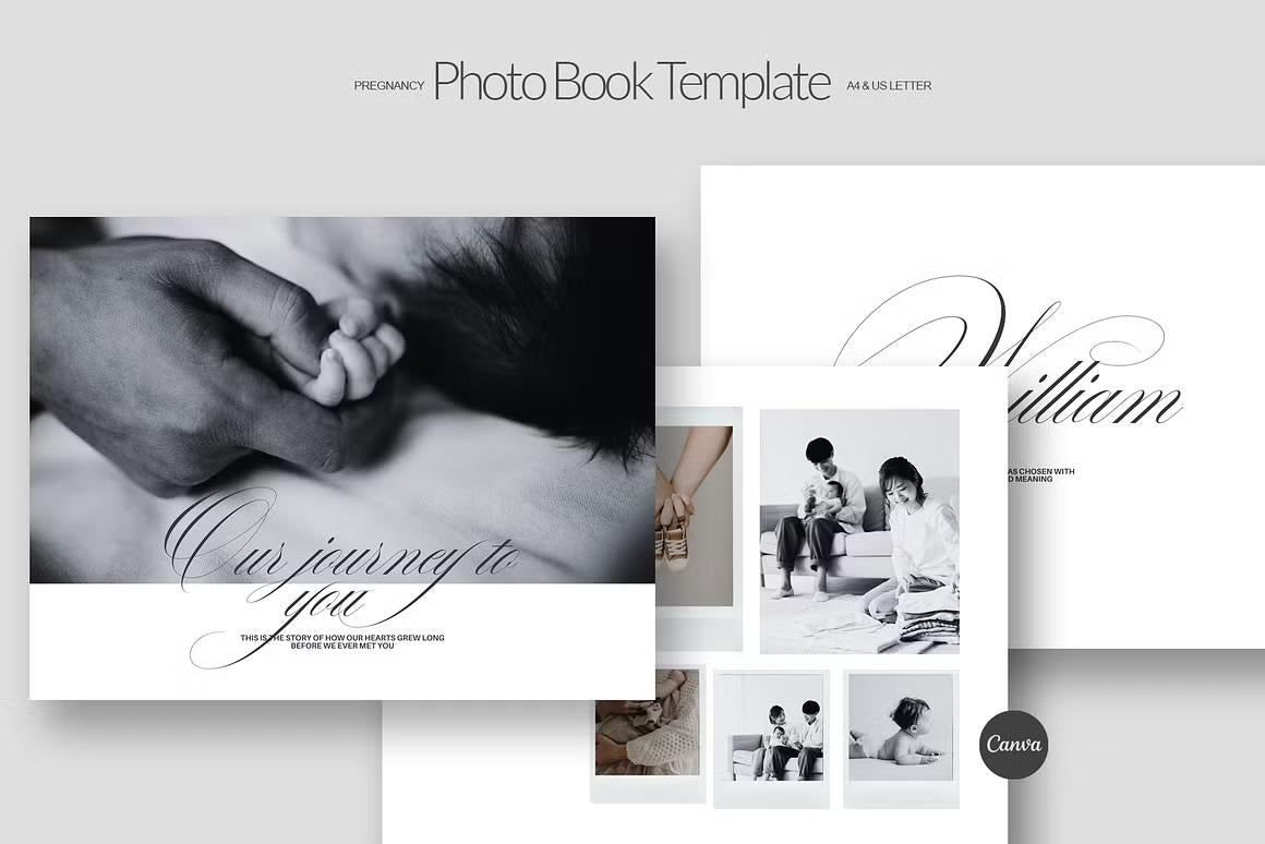 Modern pregnancy photo album layout with elegant, simple design elements
