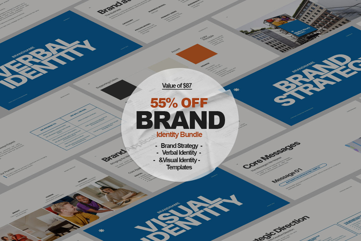 Complete brand identity template bundle featuring Brand Strategy, Verbal Identity, and Visual Identity presentations for SaaS startups, businesses, and branding professionals