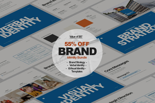 Complete brand identity template bundle featuring Brand Strategy, Verbal Identity, and Visual Identity presentations for SaaS startups, businesses, and branding professionals