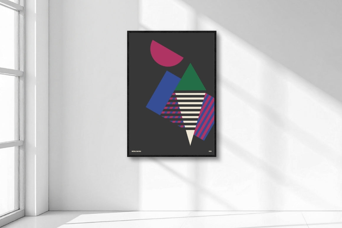 Minimalist abstract poster with blue and purple shapes creating a calm summer atmosphere
