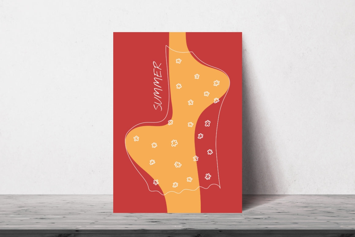 Bright red and yellow abstract woman digital poster with playful summer floral design for wall decor