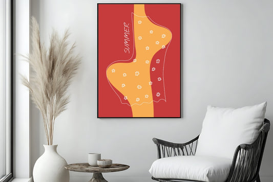 Red and yellow abstract woman digital poster hanging in modern living room, playful summer wall decor