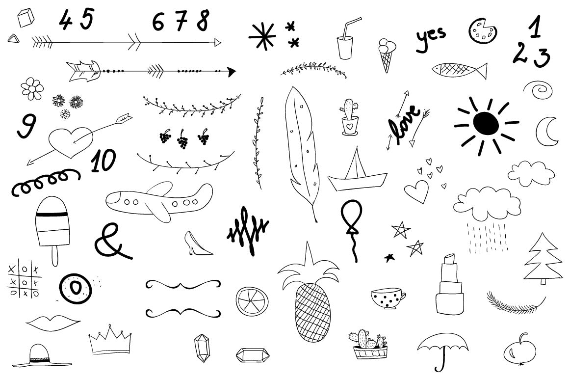 Black and white hand drawn vector doodles perfect for adding some personal touch to your web and print projects