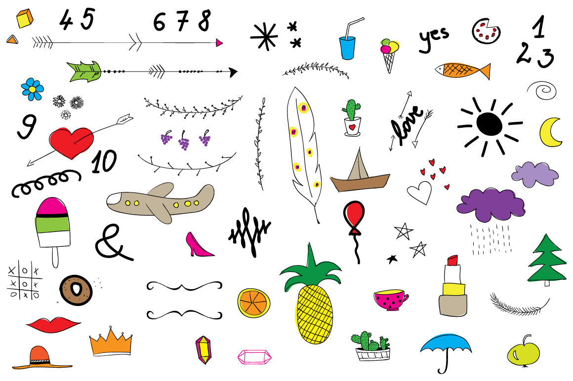 Colored hand drawn vector doodles perfect for adding some personal touch to your web and print projects like scrapbooking, photo overlays, tags, creating patterns, websites, blogs