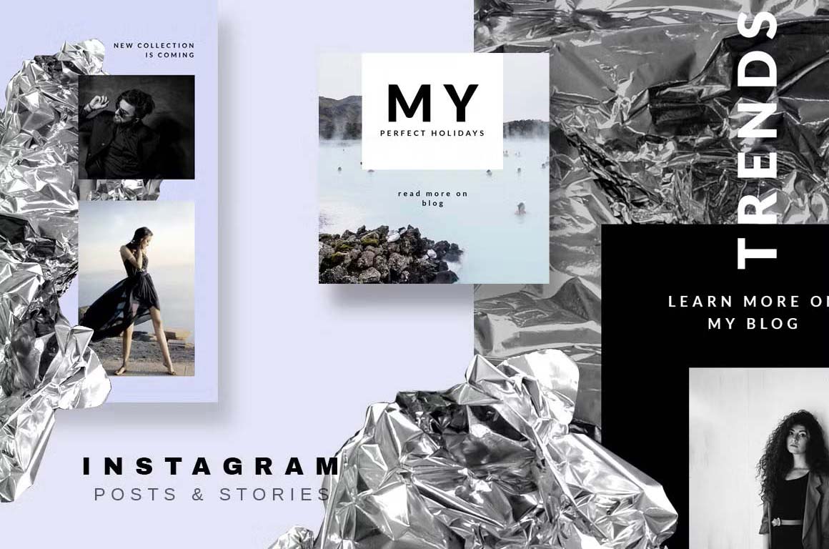Trendy and modern Instagram post and story templates featuring Silver Foil