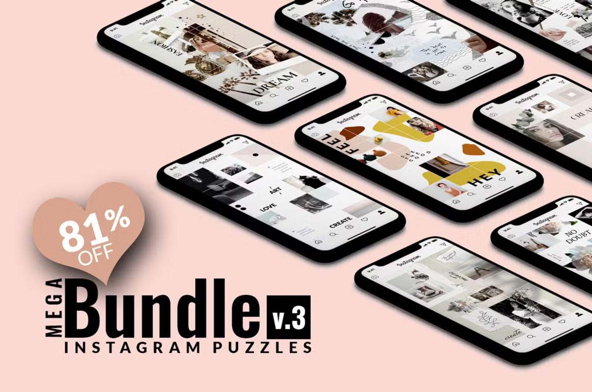 Instagram puzzle bundle with minimal, abstract, floral, modern and trendy social media templates for posts and stories