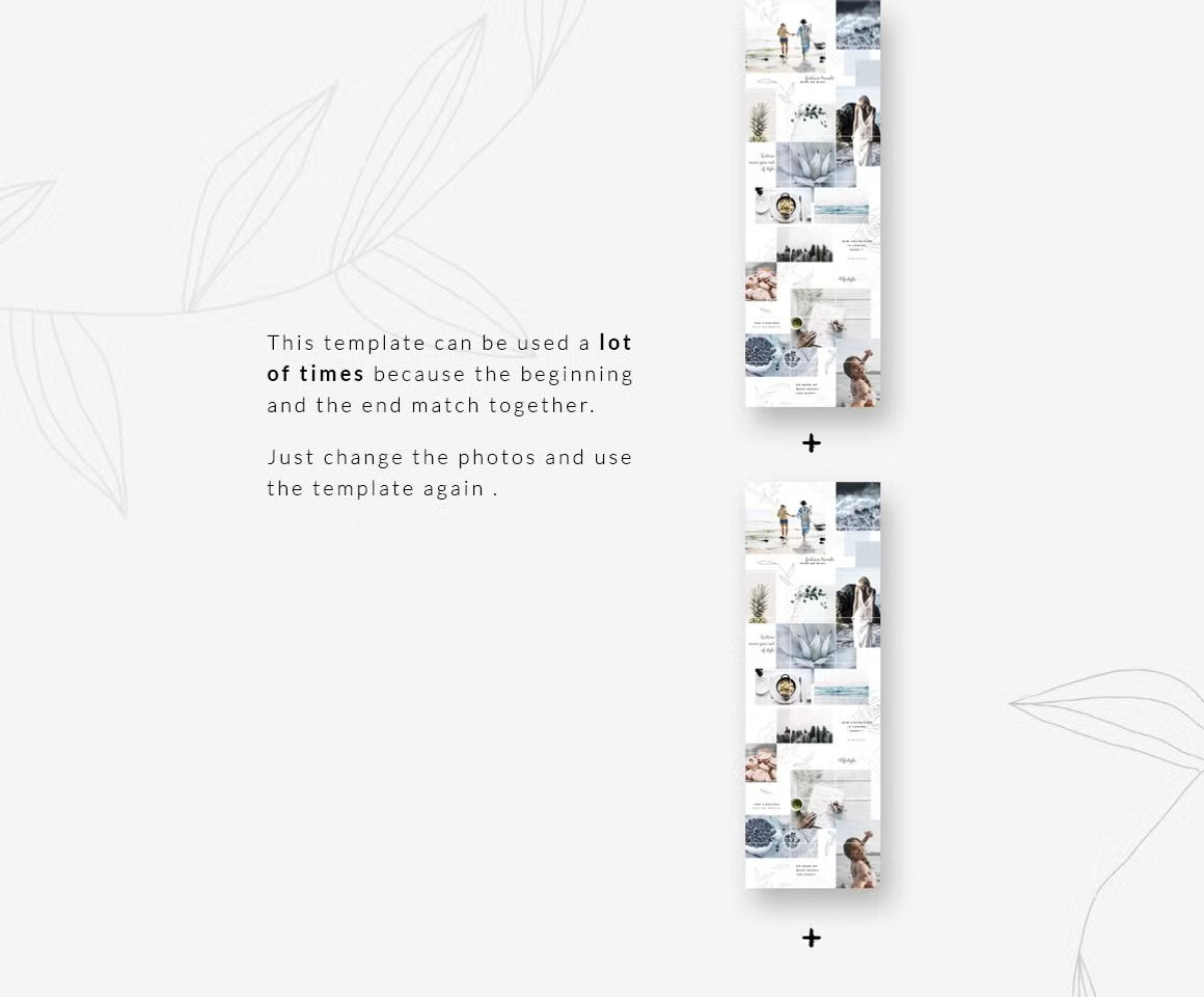 Instagram puzzle template can be used a lot of times because the beginning and the end match together. Just change the photos and use the template again.