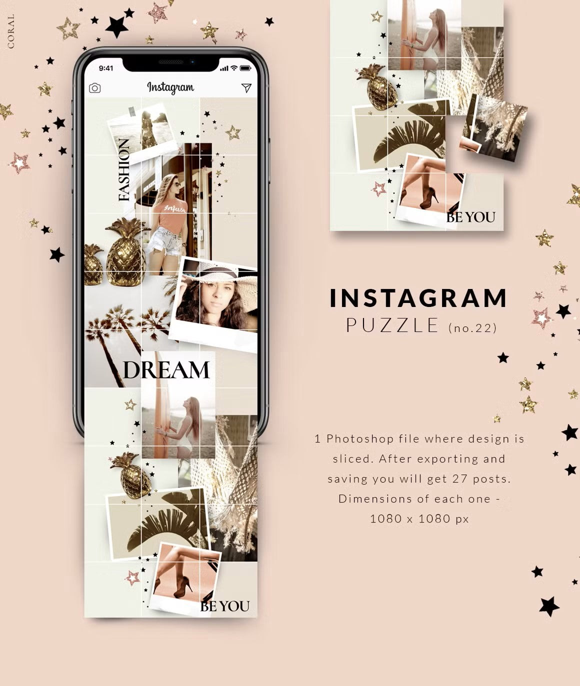 Trendy coral Instagram puzzle template for social media fashion