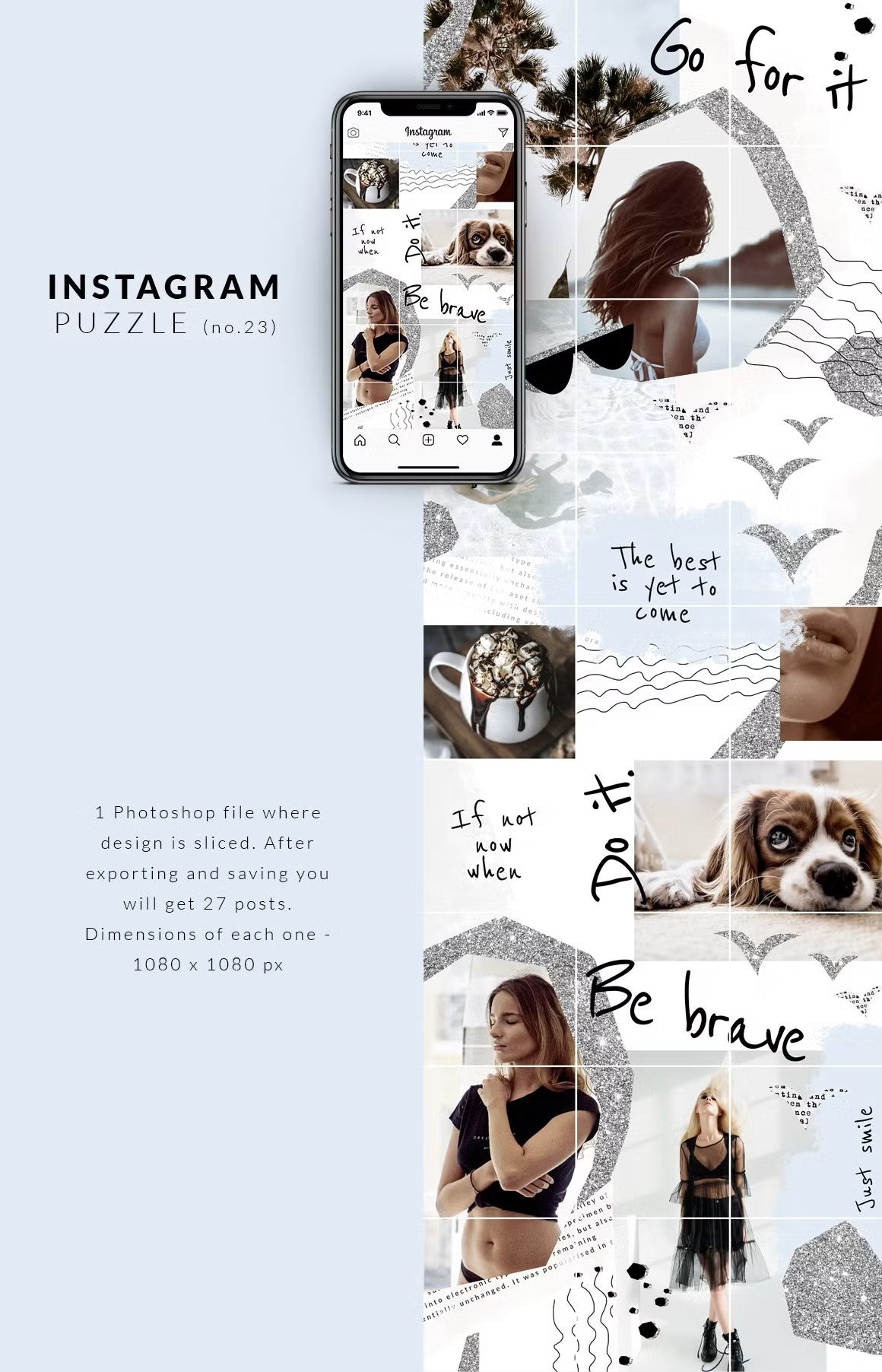 Instagram puzzle with silver glitter collage moodboard style