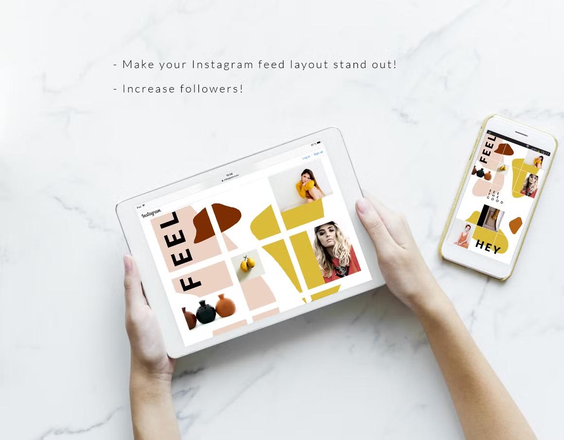Make your Instagram feed layout stand out with abstract shapes and vibrant colors, increase followers
