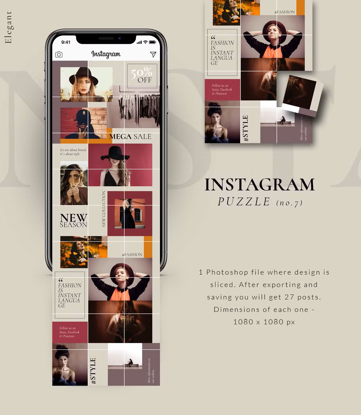 Instagram PUZZLE template - Elegant: 27 separate posts