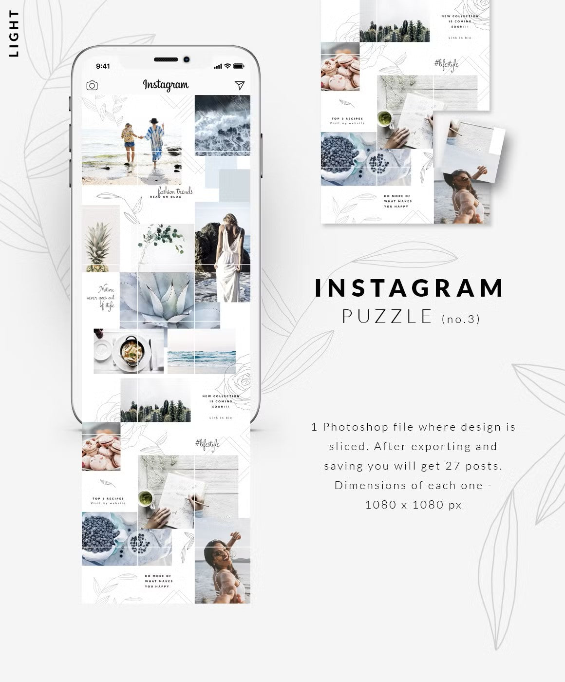 Clean, light grid puzzle template for Instagram focusing on lifestyle and fashion