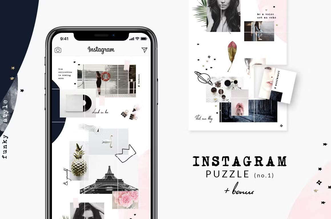 Funky style Instagram puzzle grid template for lifestyle, fashion posts, and stories