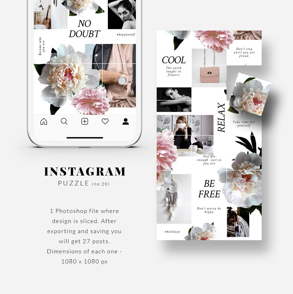 Tileable grid layout Instagram puzzle templates with peonies