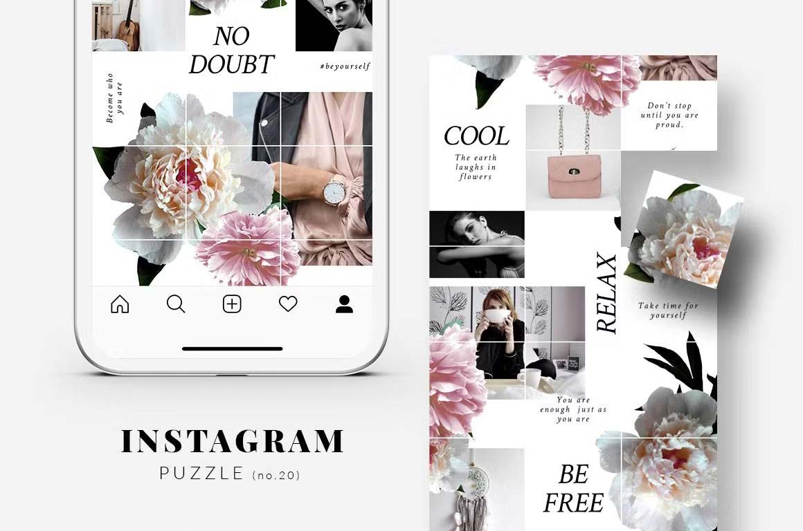 Grid layout Instagram puzzle templates featuring peonies