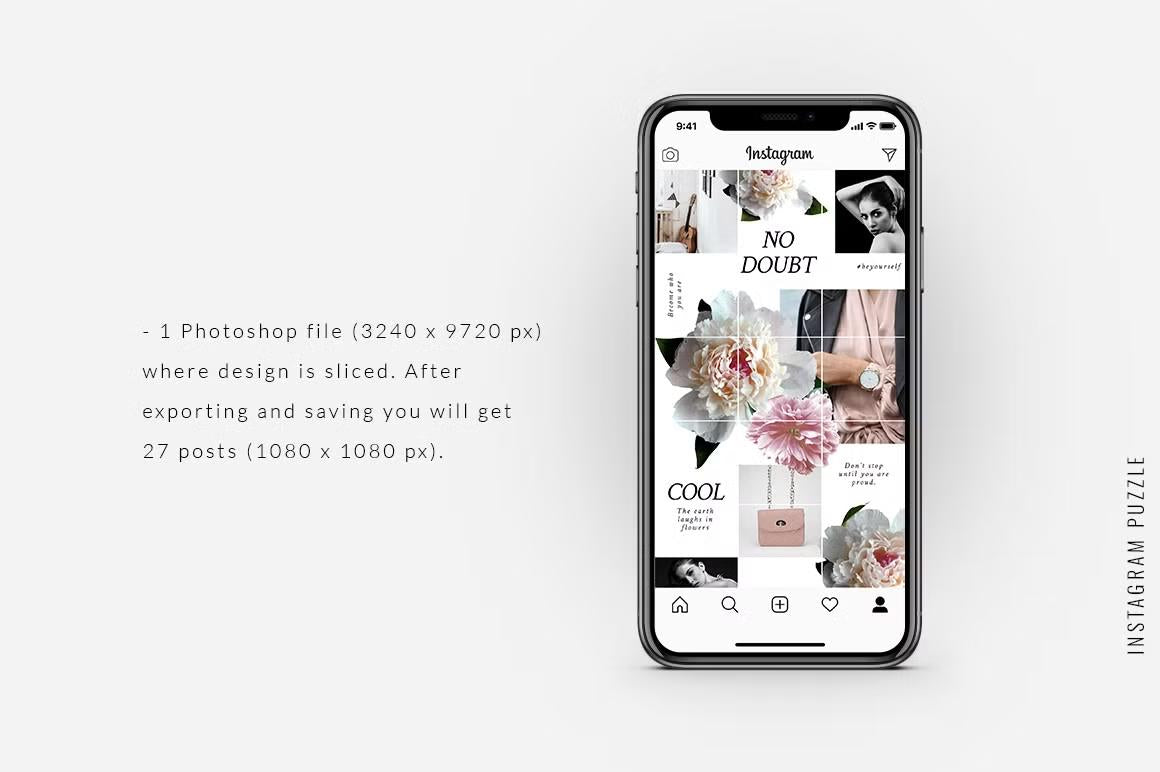 Fashionable Instagram puzzle design with stunning peonies for captivating Instagram feeds, editable in Adobe Photoshop