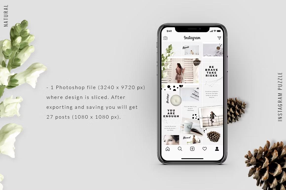 Elegant Instagram puzzle template with free fonts and grid overlay, editable in Adobe Photoshop