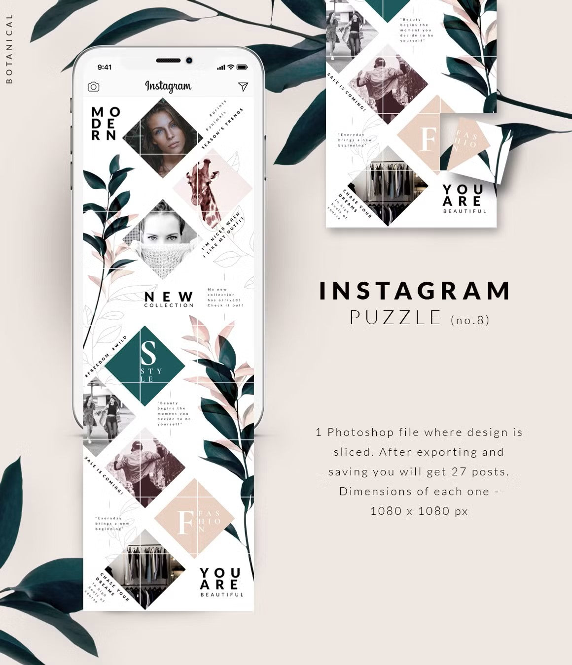 Fashion and lifestyle Instagram puzzle template with grid layout featuring floral leaves