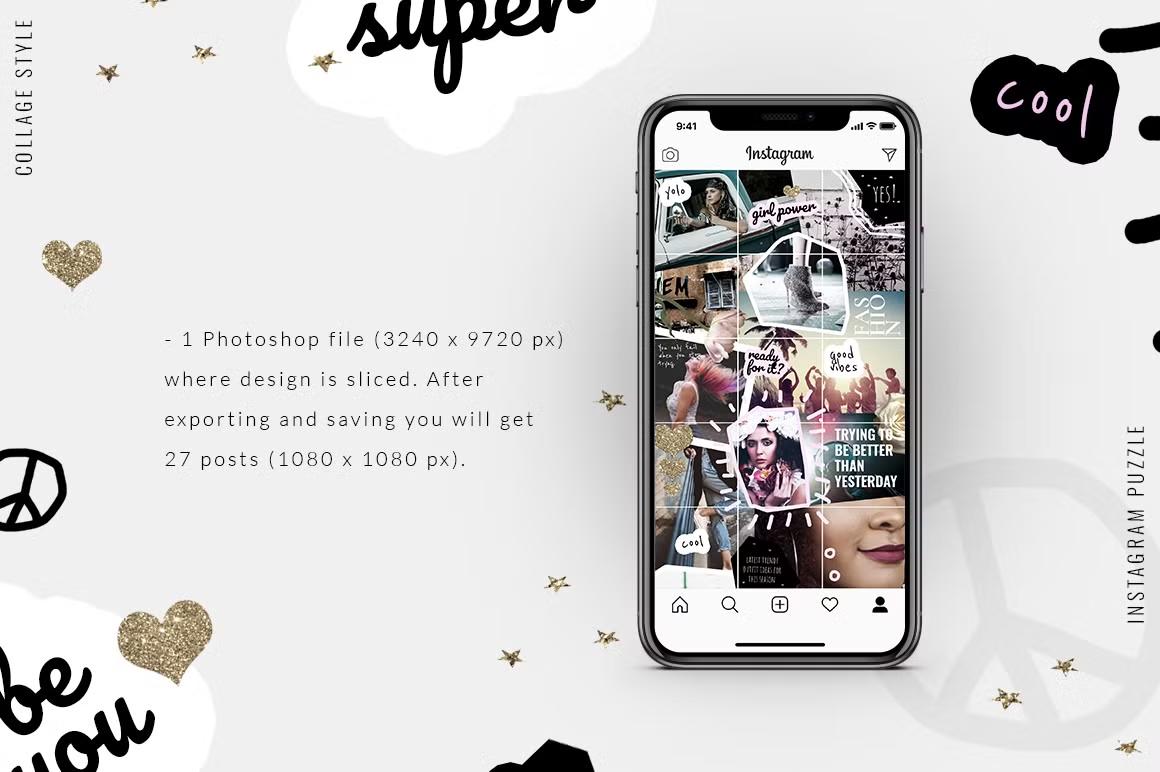 Stylish Instagram puzzle design ideal for bloggers, boutiques, and photographers, editable in Adobe Photoshop