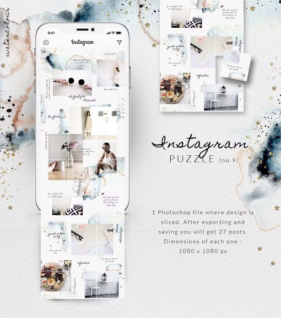 Instagram puzzle template with grid layout and watercolour style