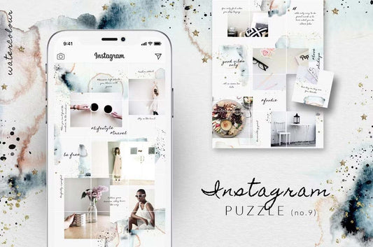 Instagram puzzle template with grid layout featuring watercolor cover