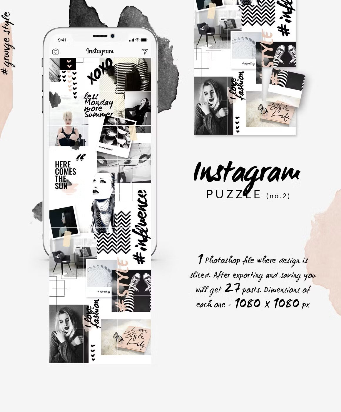 Instagram PUZZLE template: Grunge style, 27 posts