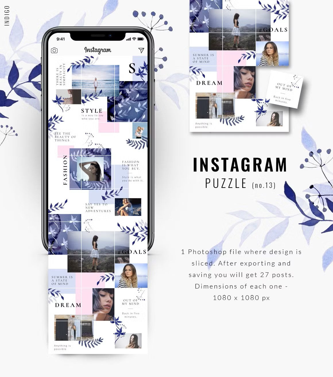 Indigo blue watercolor floral Instagram puzzle template